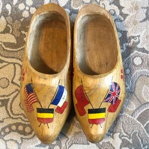 Vintage Wooden Shoes. Souvenir of Belgium. Hand Made Painted with European Flags